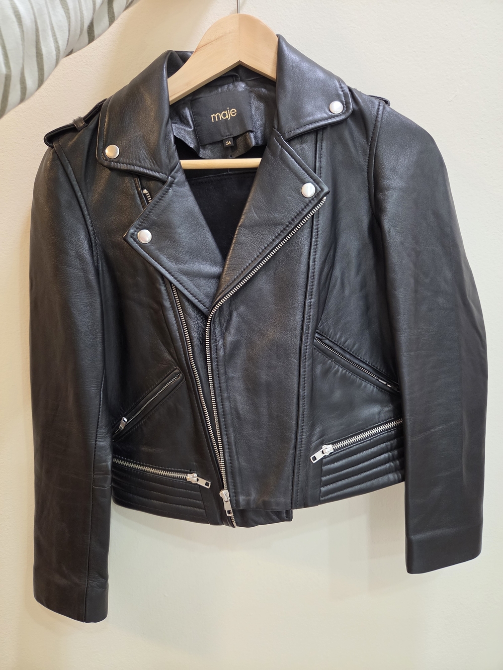 Maje Black Leather Asymmetric Moto Jacket with Silver Hardware
